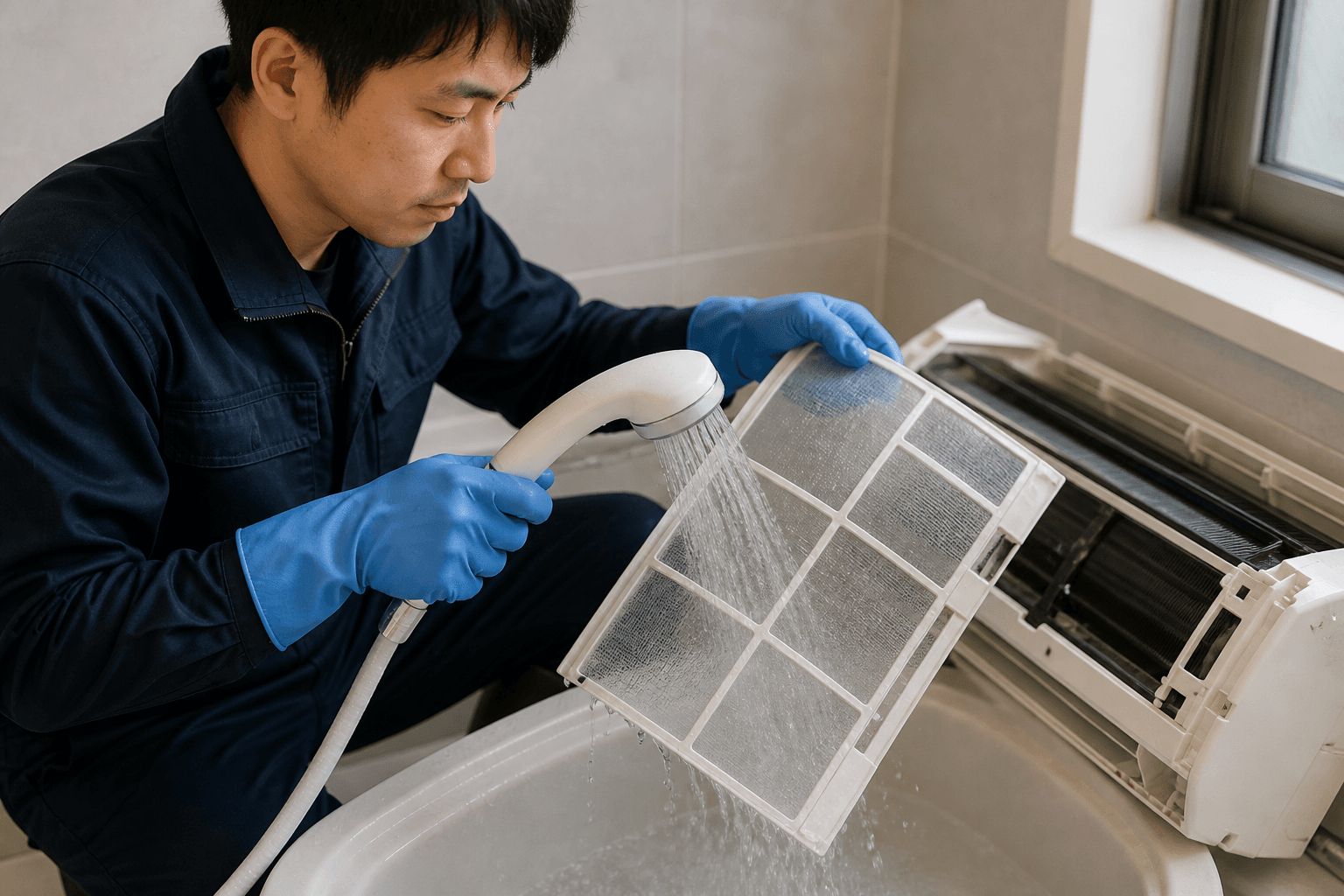 エアコン内部を洗浄するスタッフ