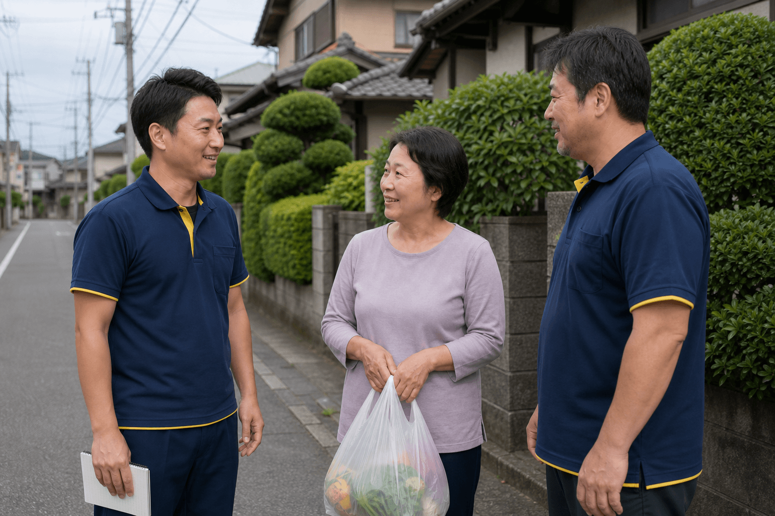住宅街で地域のお客様と笑顔で会話するスタッフ