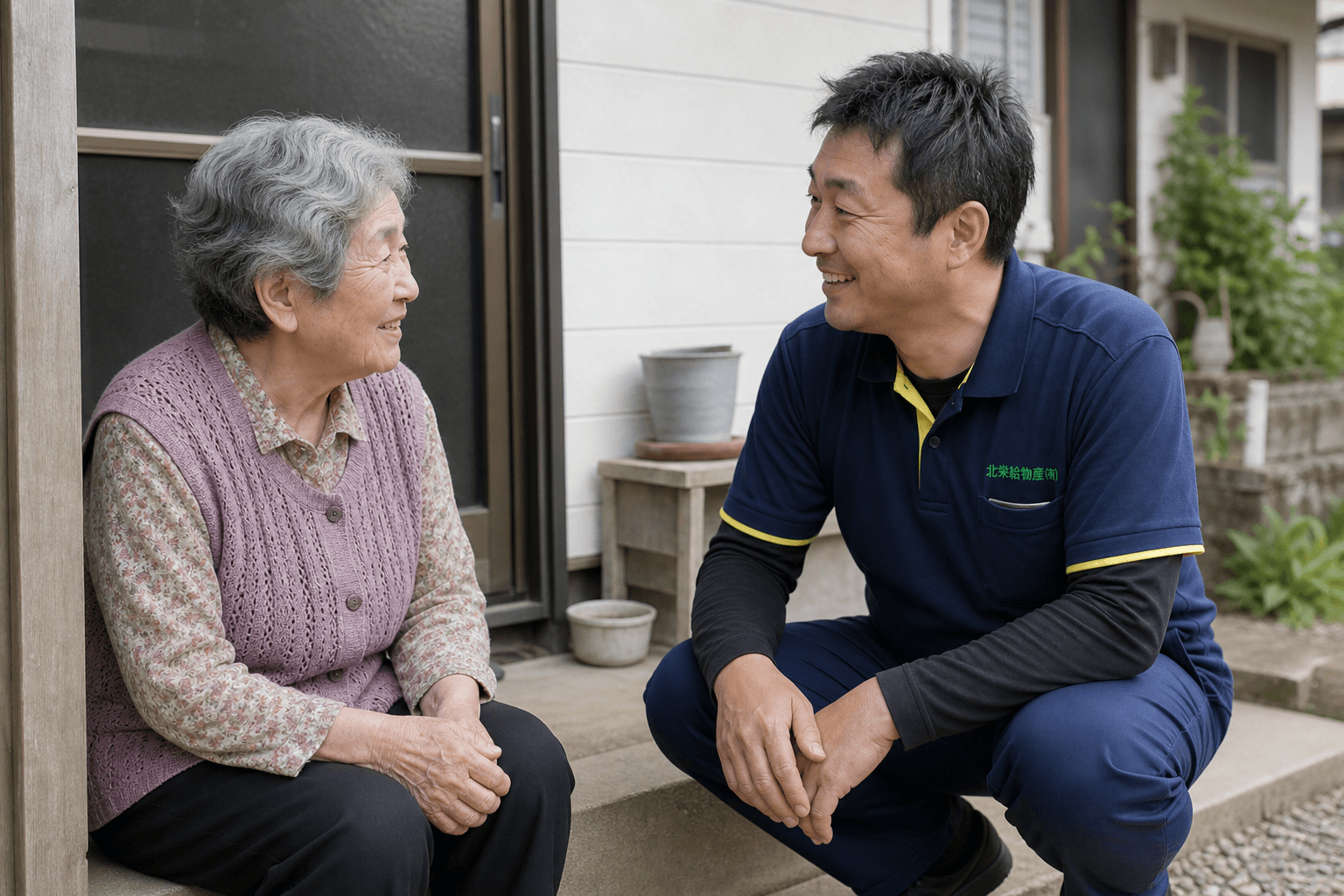 玄関先でお客様の目線に合わせて話を聞くスタッフ