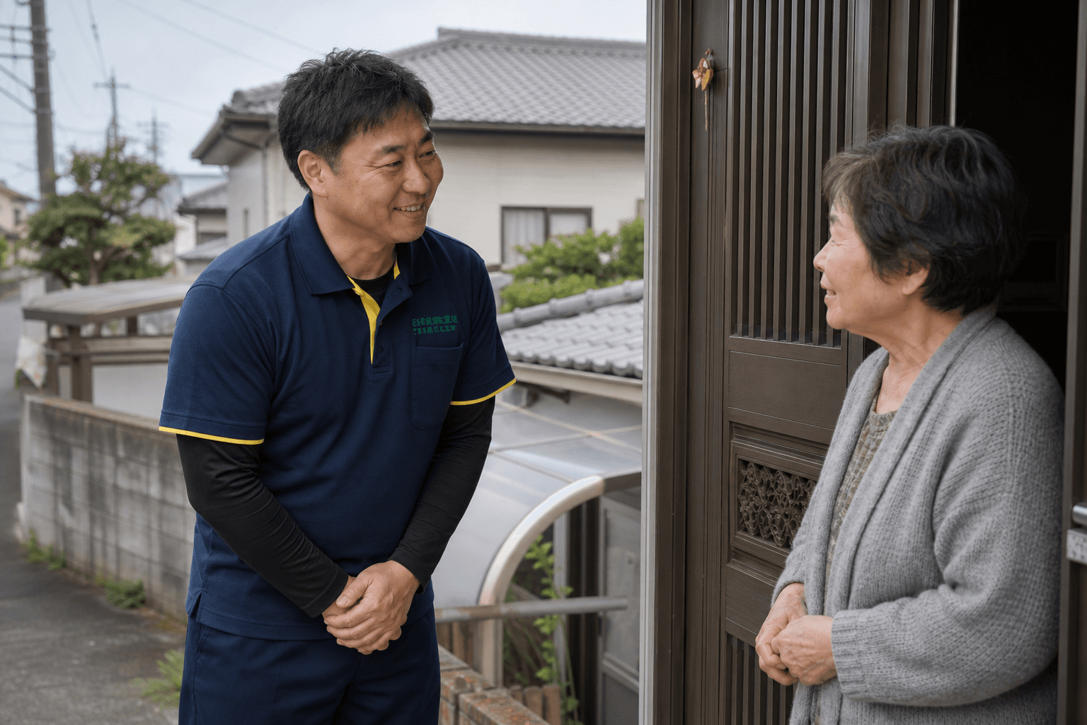 玄関先でお客様と会話するスタッフ
