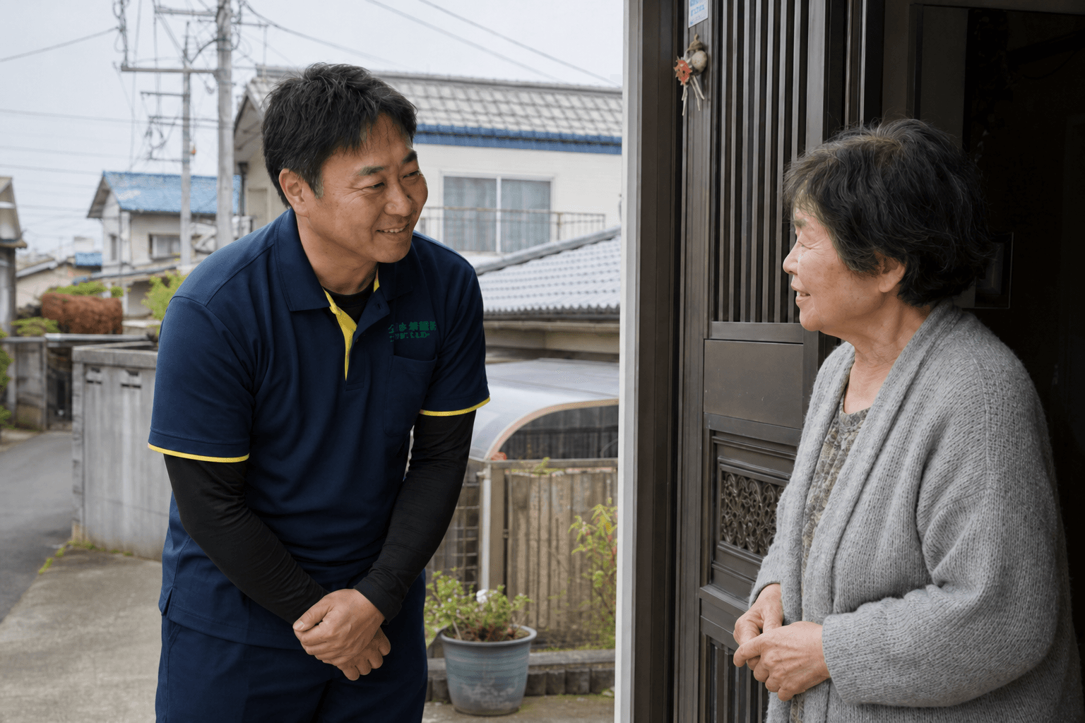 玄関先でお客様の話に耳を傾けるスタッフ