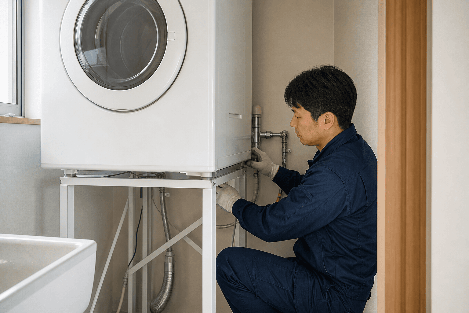 設置後の確認をするスタッフ