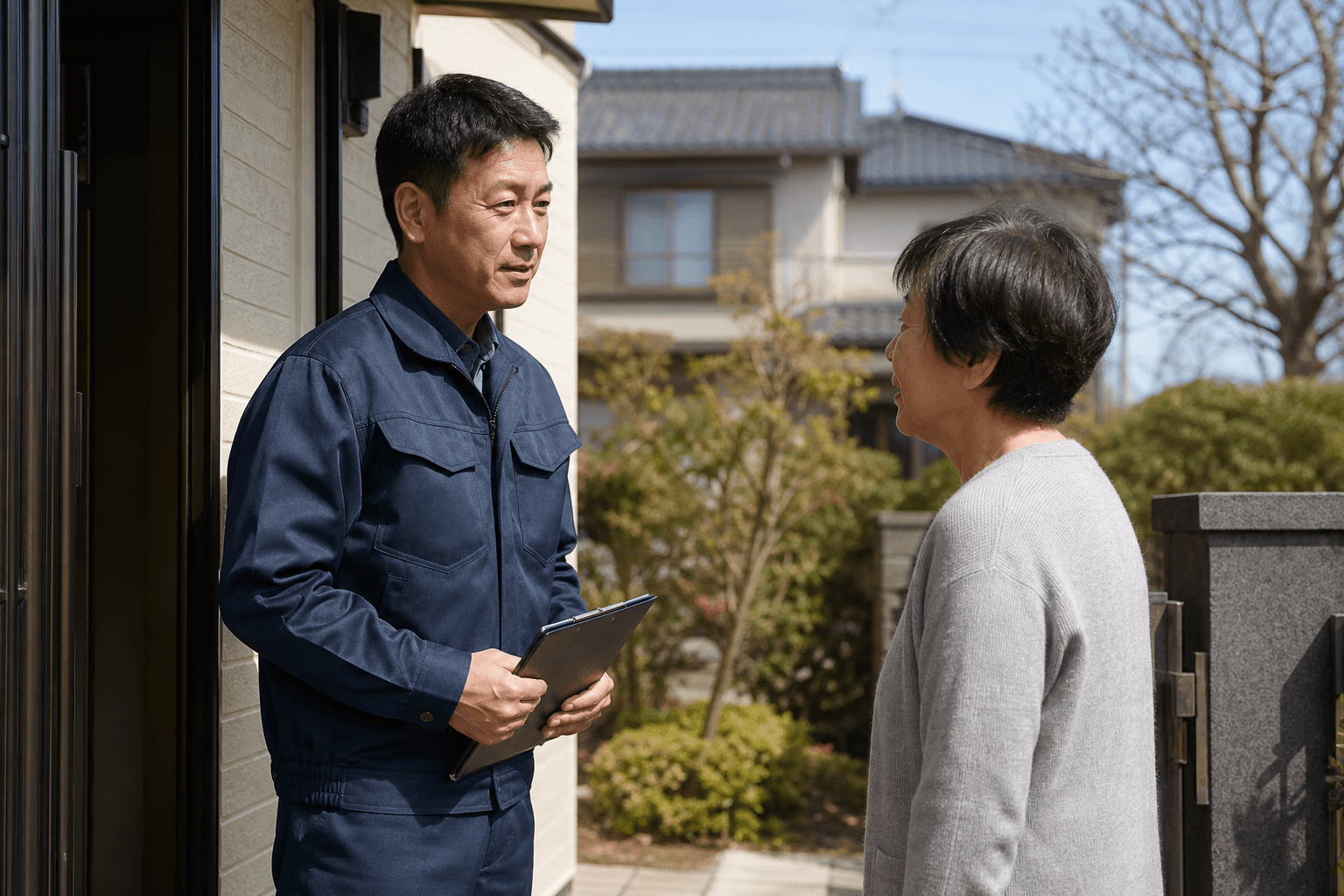 住宅街で地域のお客様と自然に会話する関東燃料のスタッフ