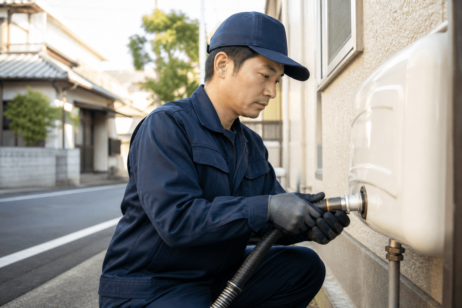 住宅街で灯油を丁寧に給油するスタッフ