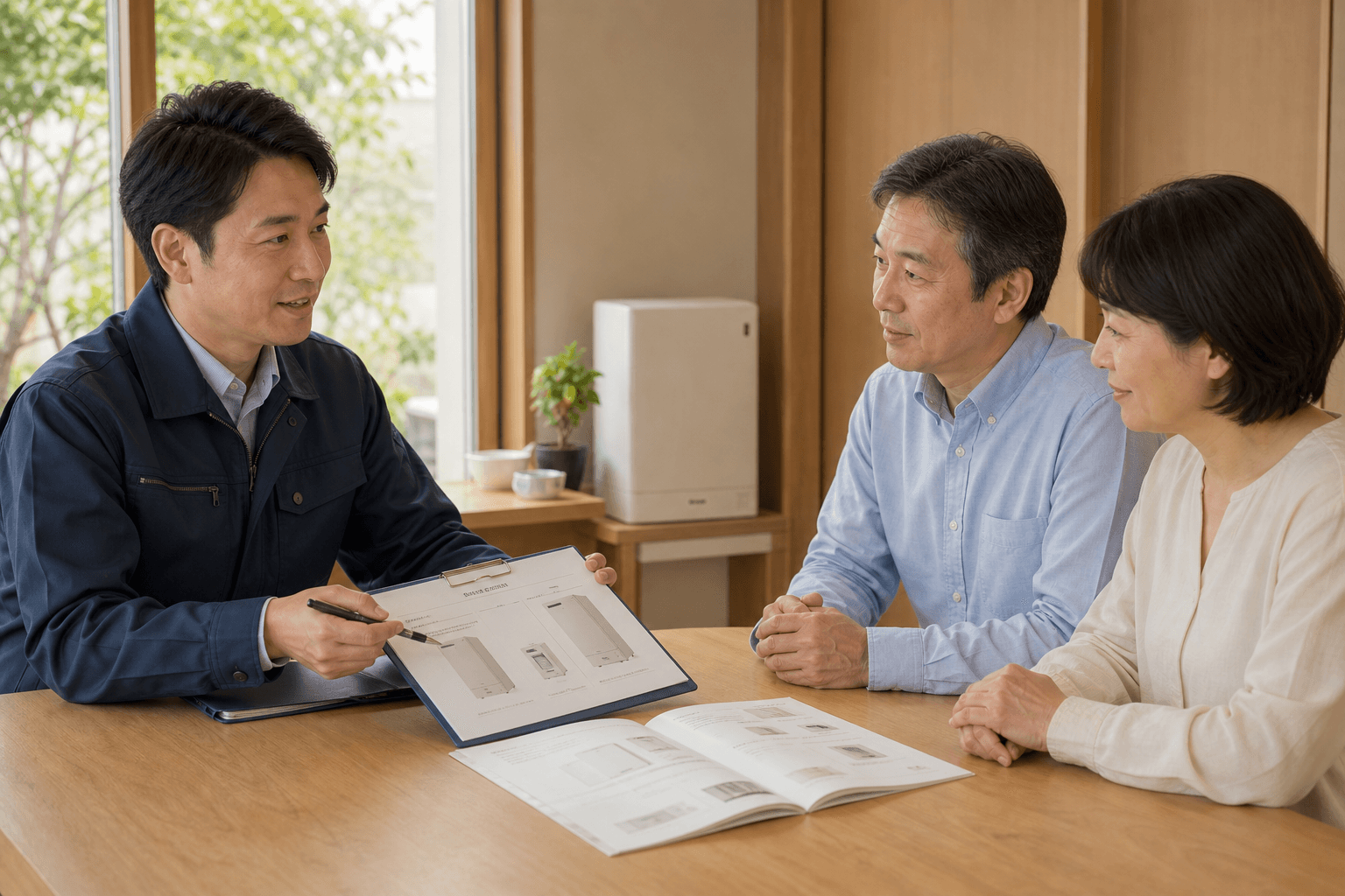 ご家庭で給湯器のご相談を伺うスタッフ