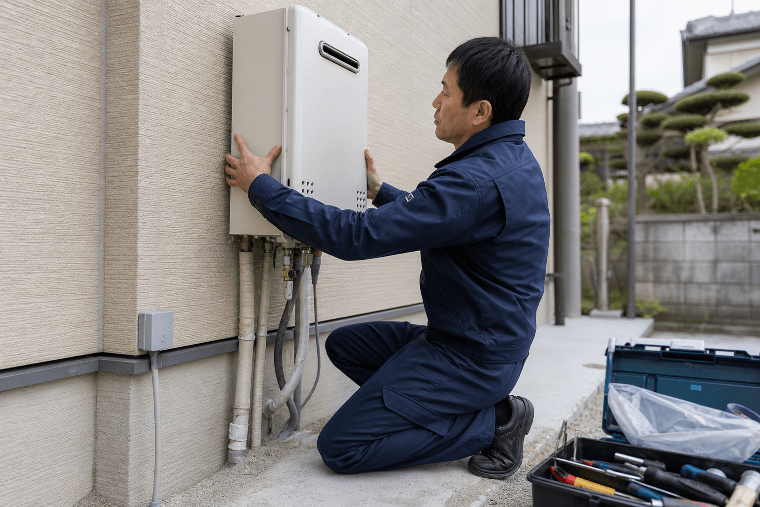 給湯器を施工する関東燃料のスタッフ