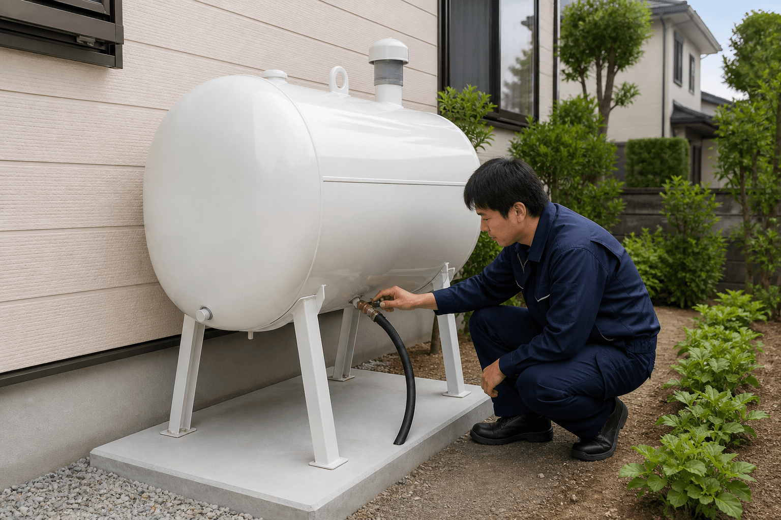 更新後、整った位置に据えられた灯油タンク