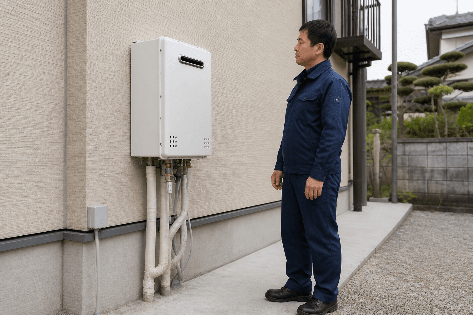 交換後、戸建住宅の外壁に据え付けられた新しい給湯器