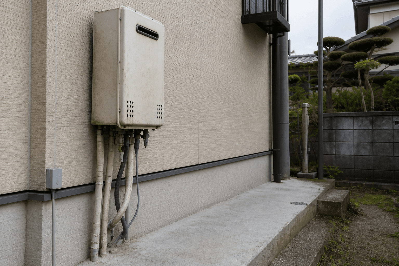 戸建住宅の外壁に据え付けられた経年の給湯器