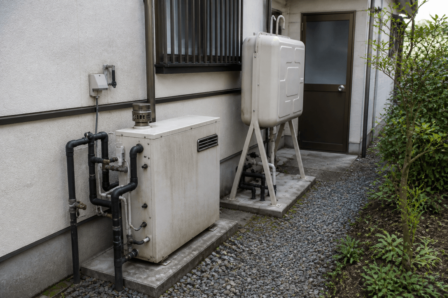 戸建住宅の勝手口付近に残る石油給湯器