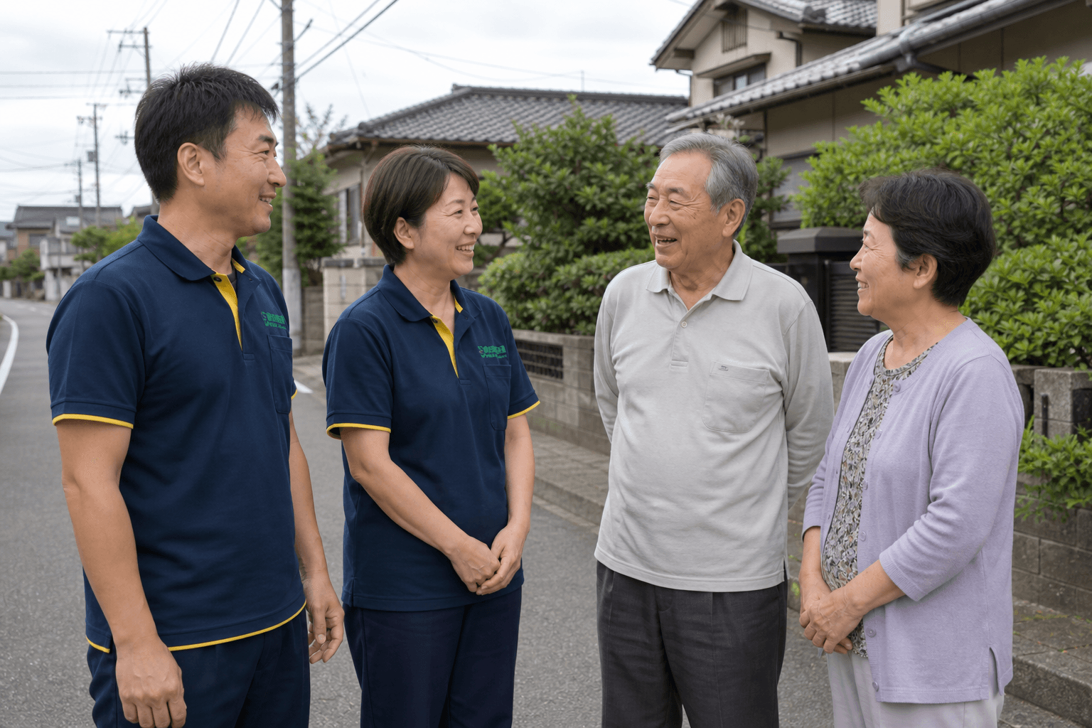 住宅街で地域のお客様と会話するスタッフ