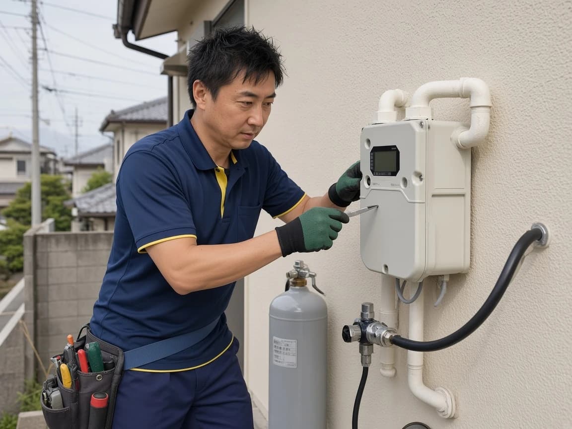 住宅のLPガス設備を確認するスタッフ