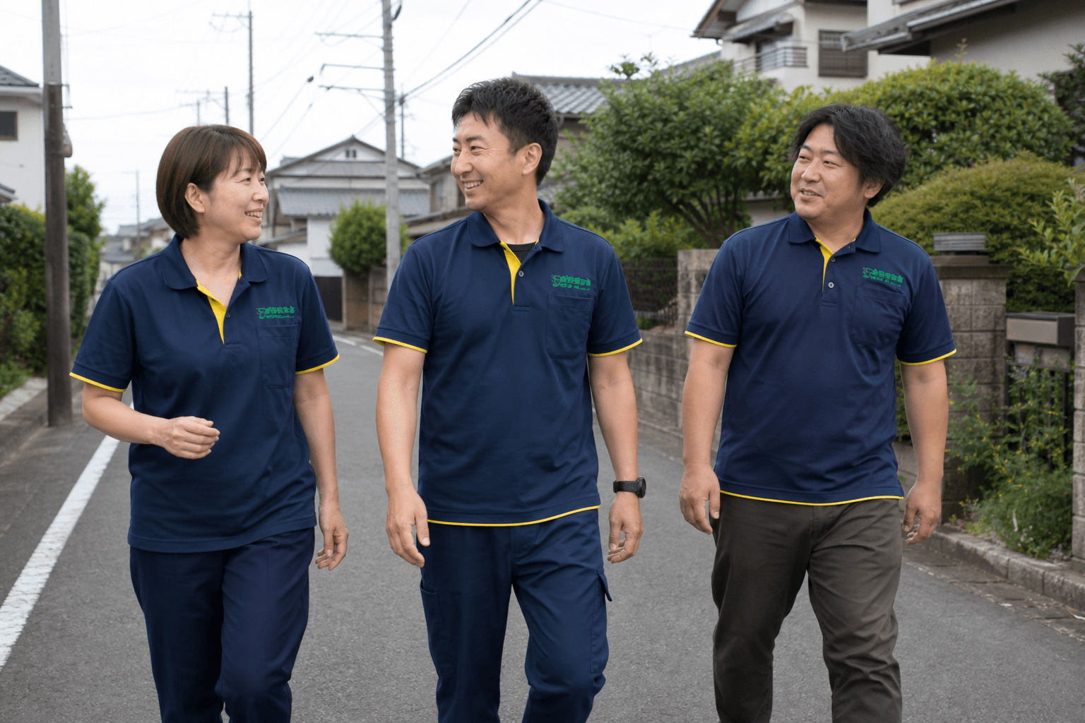 住宅街を歩くスタッフのチーム