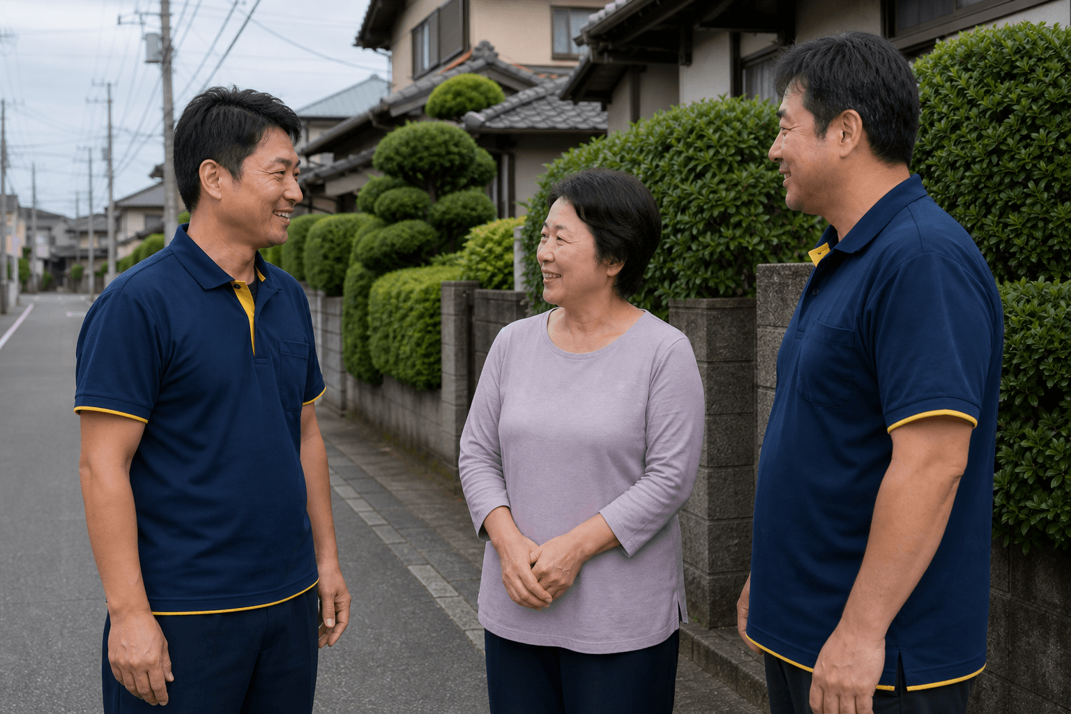 住宅街でお客様と会話するスタッフ