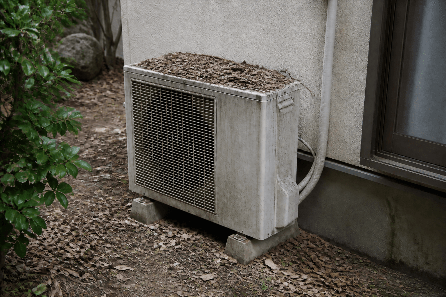 落ち葉が積もった戸建住宅の室外機