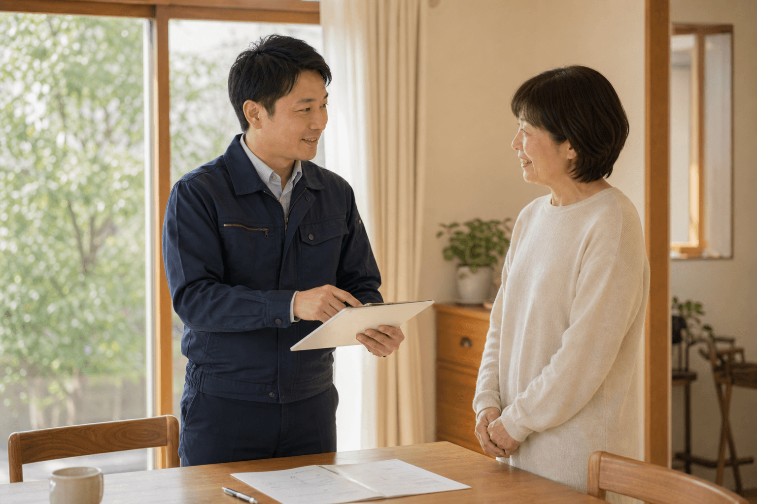 関東燃料のスタッフがお客様のご自宅で相談を伺う様子