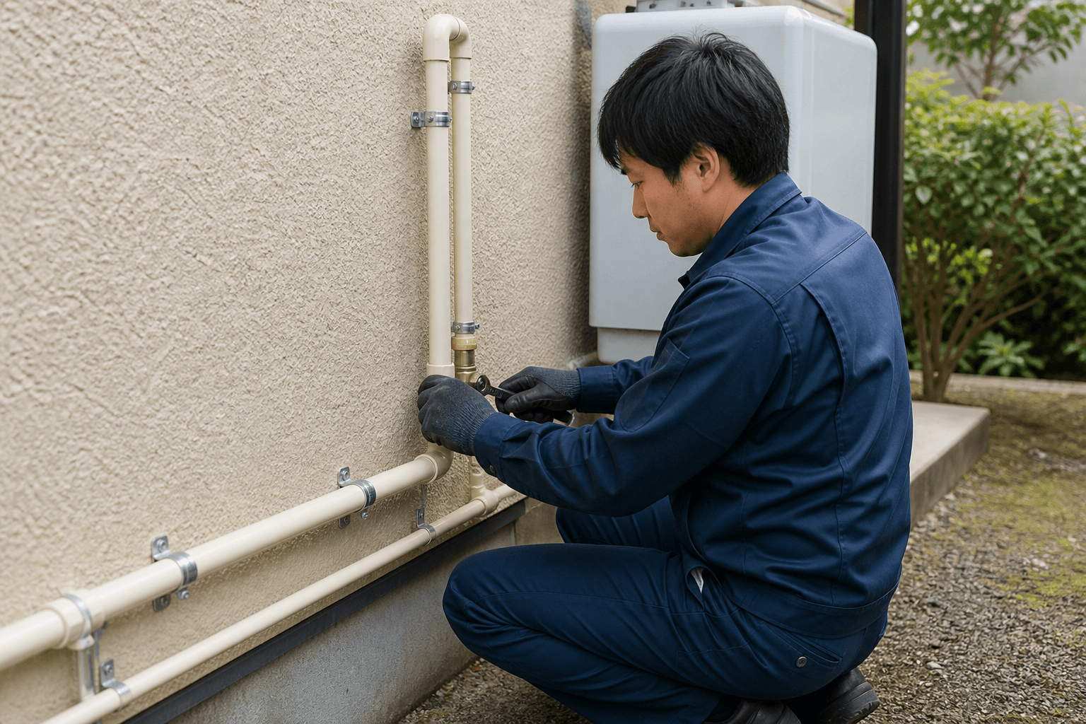 更新後、外壁に沿って整った灯油配管