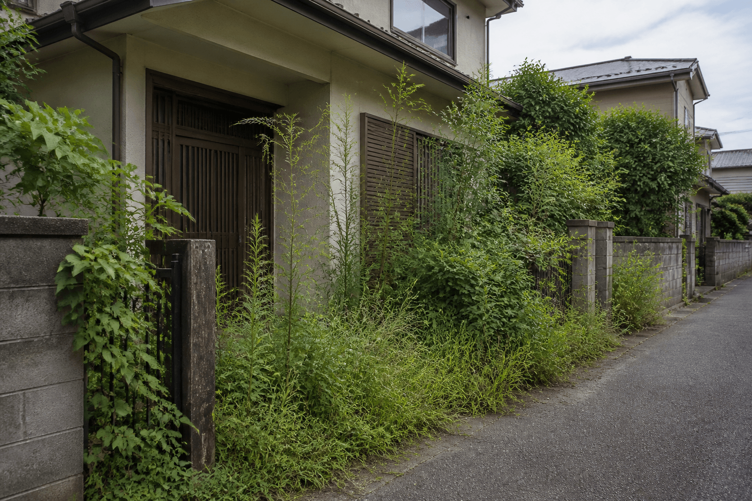 草木が伸びた戸建住宅の空き家外観